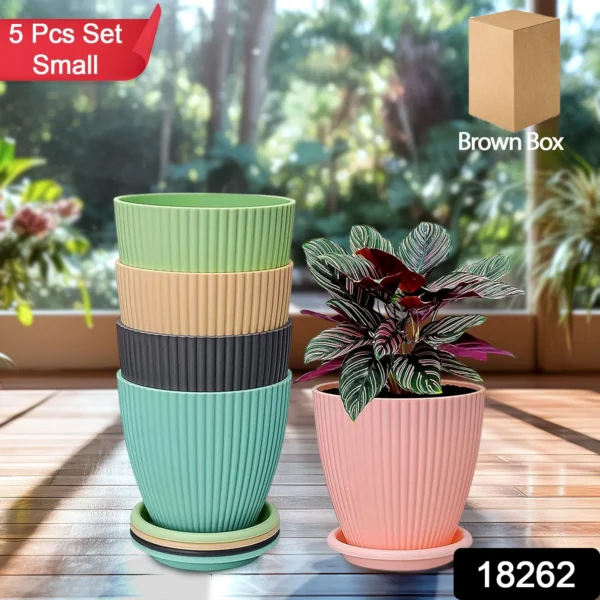 Round Flower Pot with Bottom Tray (5 Pcs Set / Small / 14×16 Cm) - Image 2