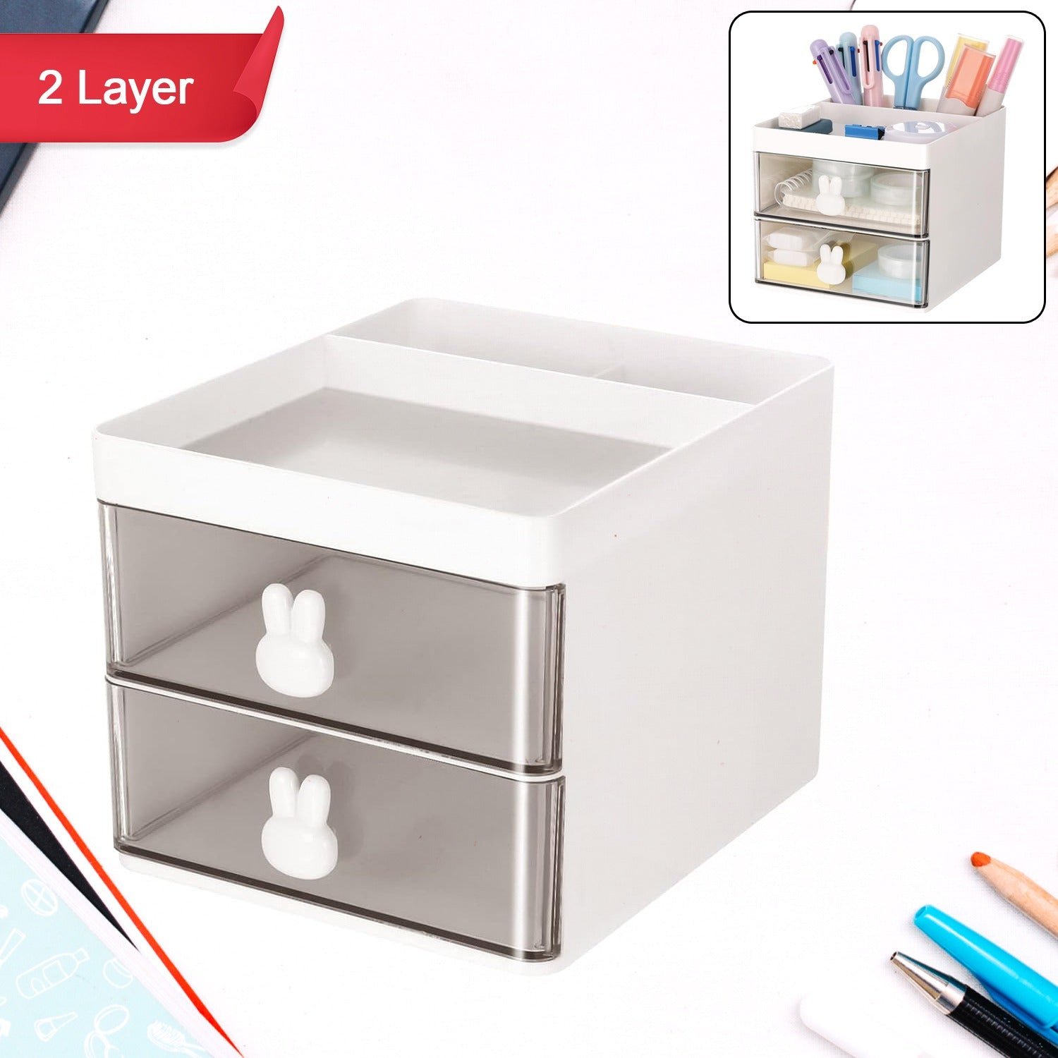 2 Layer 5 Compartment Desk Organizer with Transparent Drawer (1 Pc / 15ร13ร11 Cm)