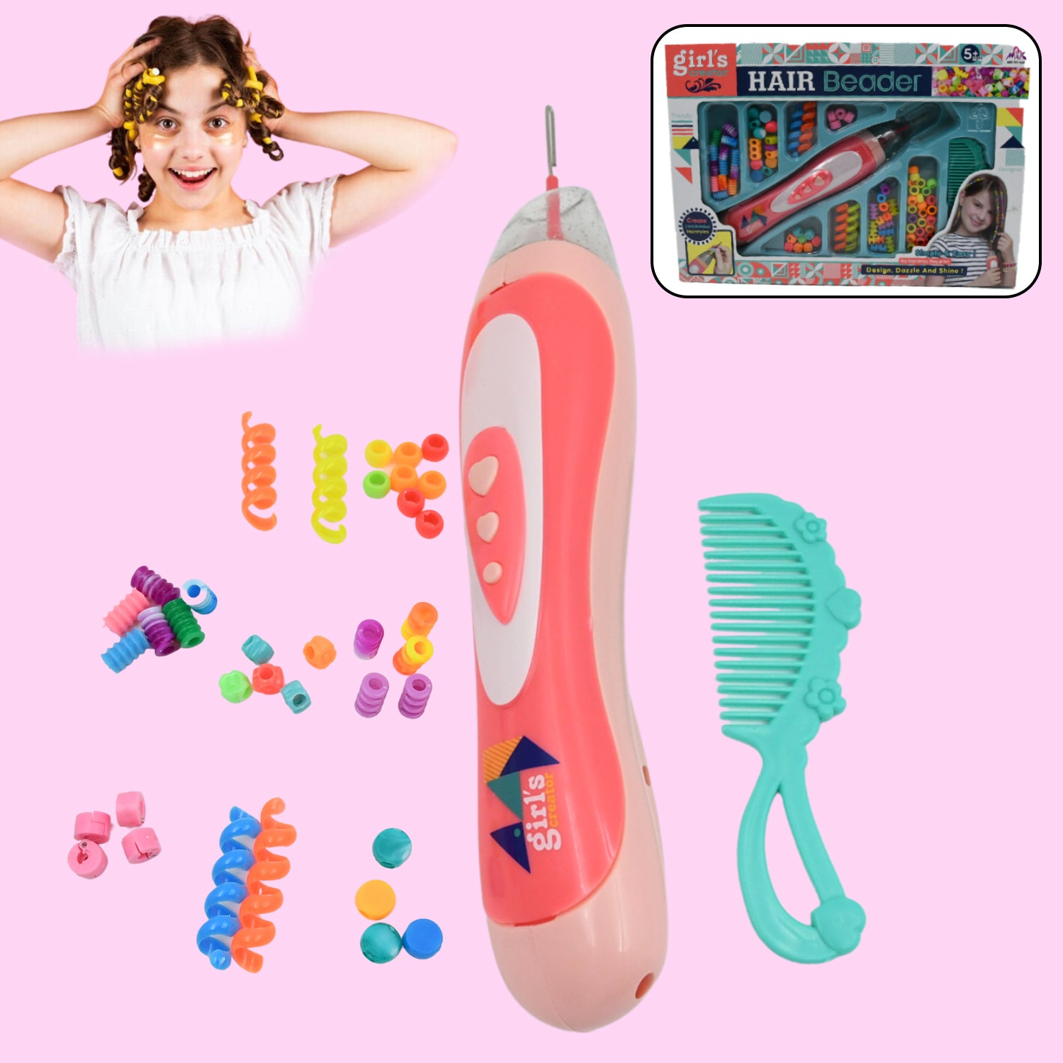 Hair Styling Clasp Clips Twisting Stringing Beads Kit for Girls, Portable Hair Braider Machine,Hairstyle Braid Kit DIY Hair Styling Tool with Comb, Rubber, Button Beads and Beads (85 Pcs Set), Hair accessories