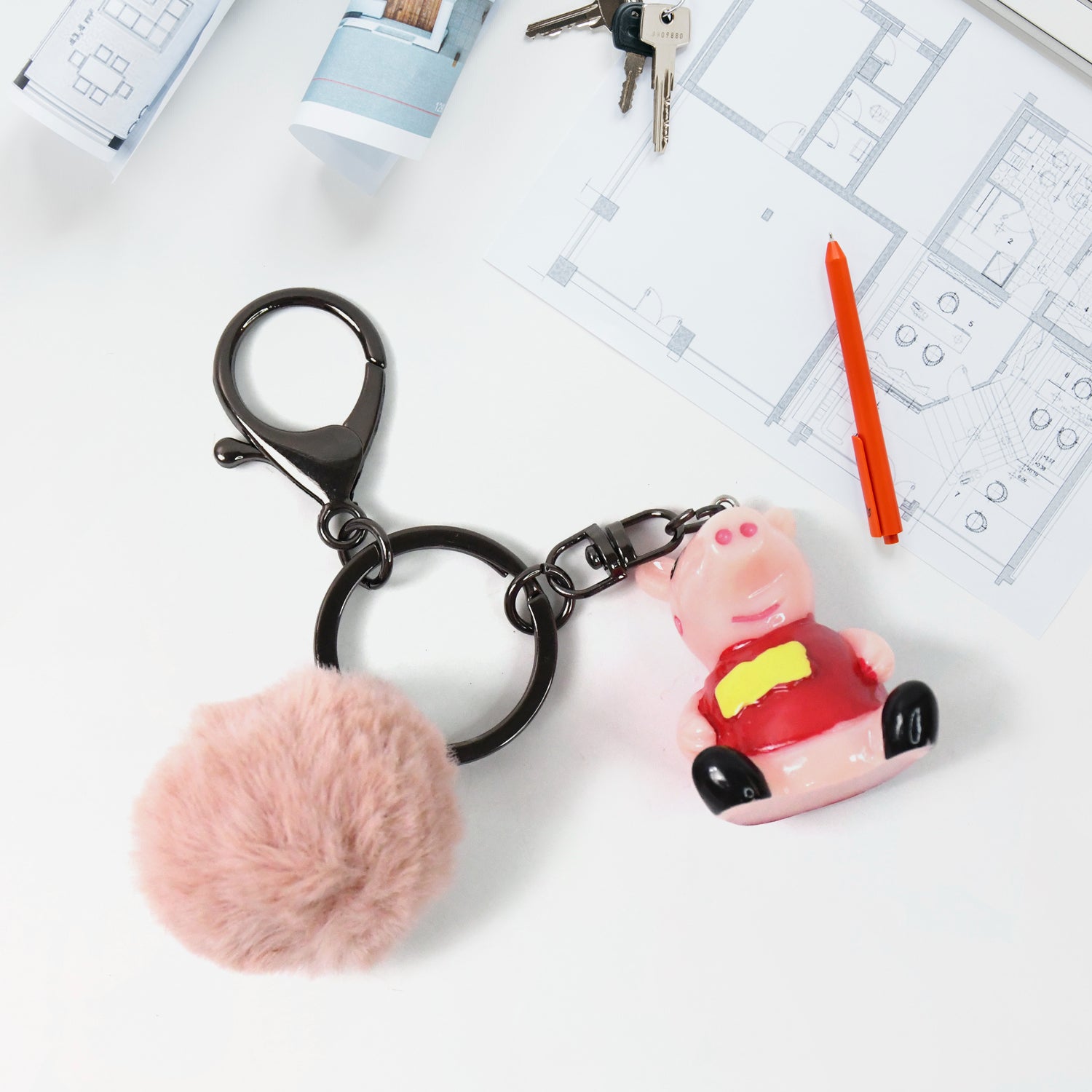 Cute Cartoon Keychain with Fluffy Pom (1 Pc / Mix Design)