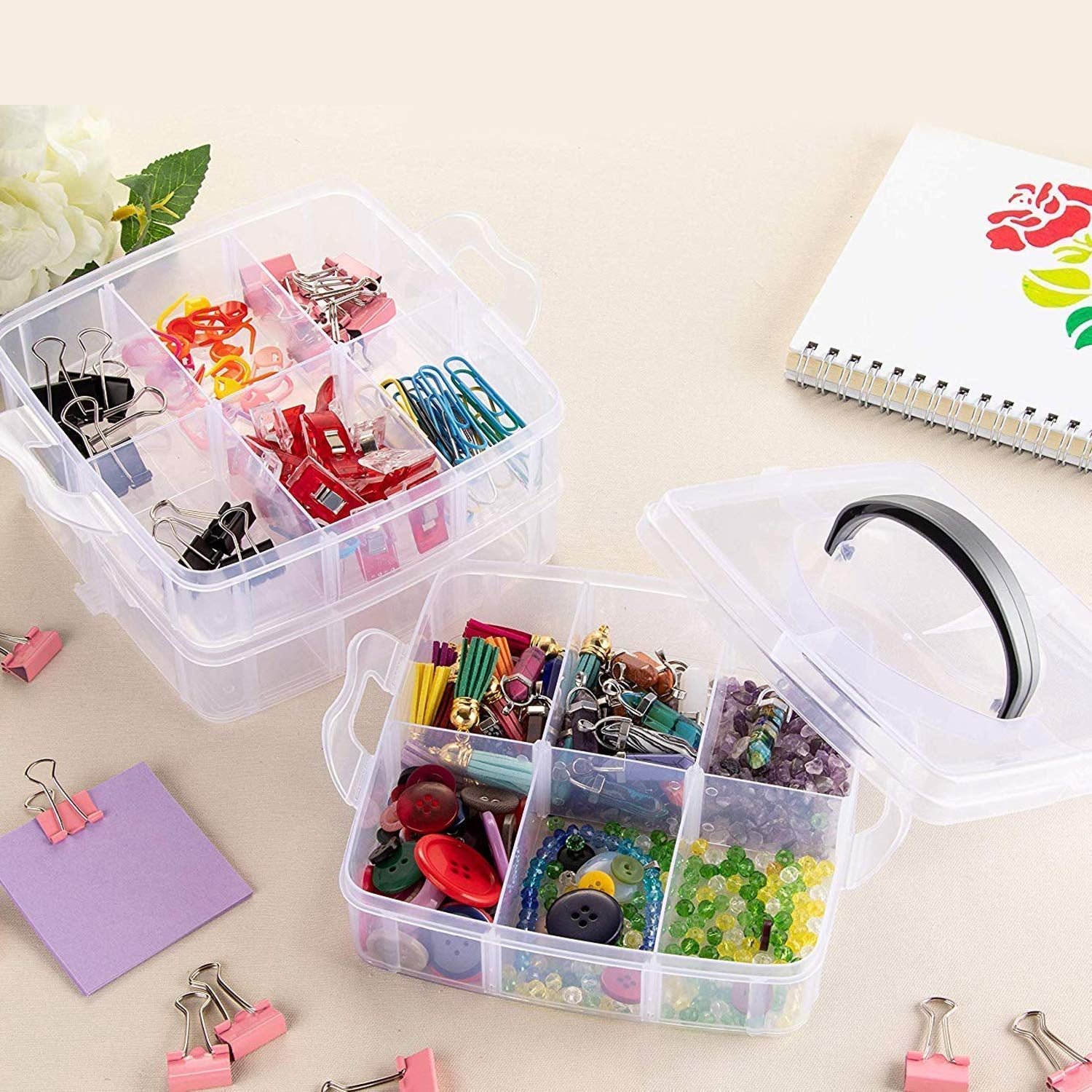 3-Tier Transparent Craft Storage Box with 18 Adjustable Compartments - Image 8