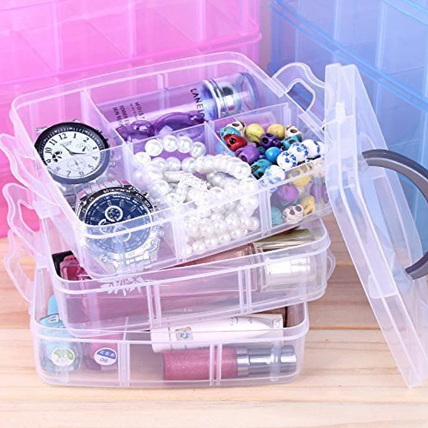 3-Tier Transparent Craft Storage Box with 18 Adjustable Compartments - Image 9
