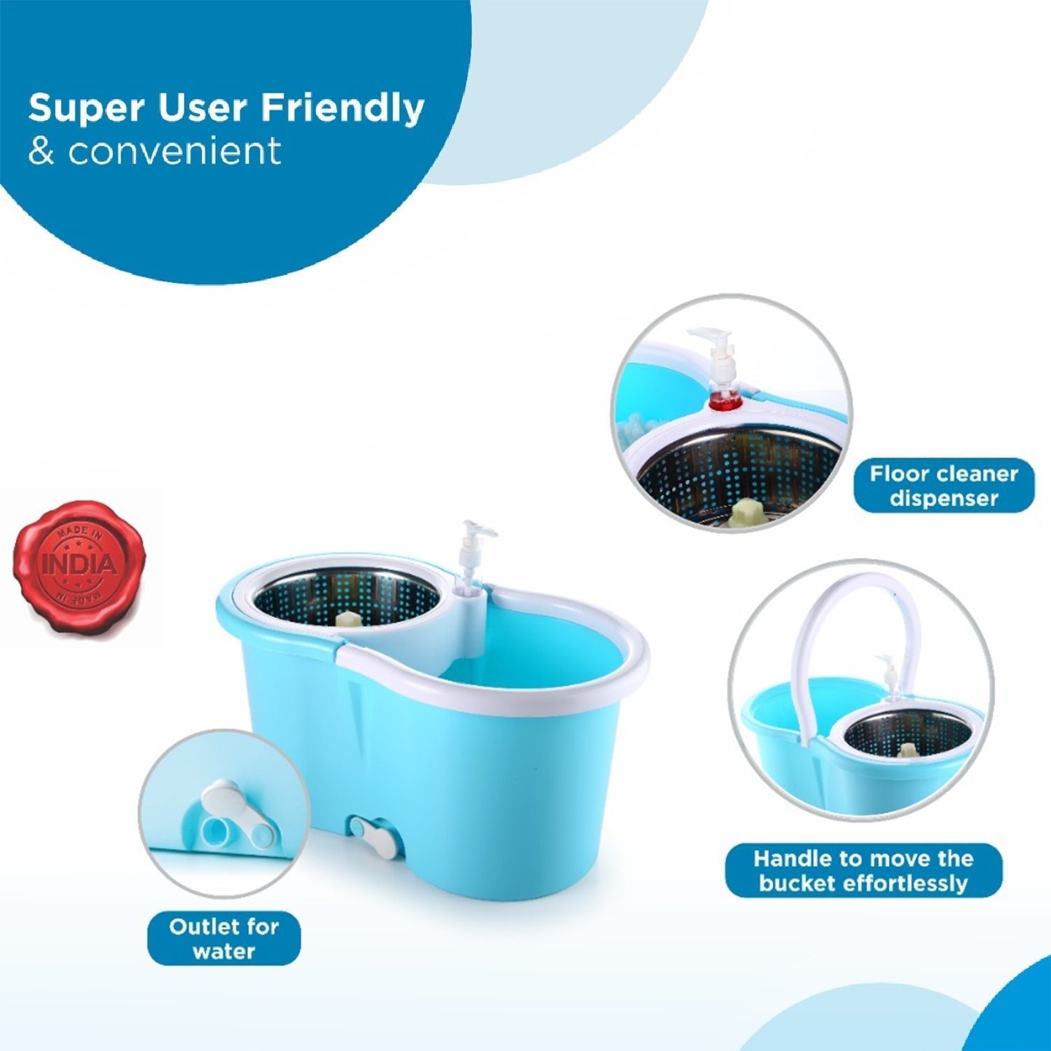 Plastic Spinner Bucket Mop 360 Degree Self Spin Wringing with 2 Absorbers for Home and Office Floor Cleaning Mops Set - Image 6